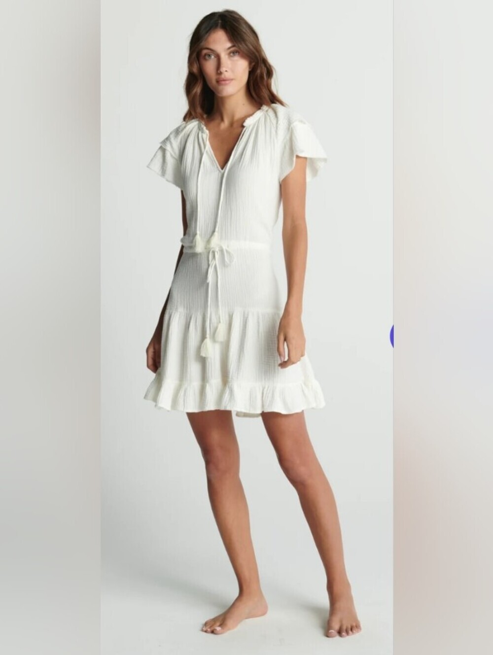 sundays White Ruffle Tiered Mini Dress with Tie Waist 100% Cotton